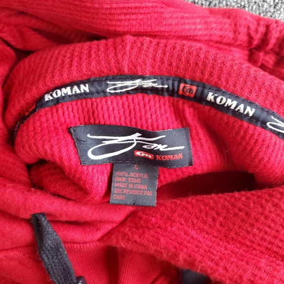 Koman Mens Large Hoodie Pullover Drawstring Red Casual. Small smudge- see photo. - Picture 5 of 5